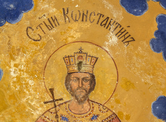 Mural of St. Constantine on the façade of the church in the Osogovo Monastery, Macedonia.