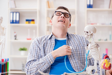 Medical student studying skeleton in classroom during lecture