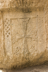 Traditional Armenian stone crosses and rocks around the Geghard monastery