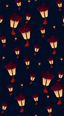Pattern from the flying lanterns and illuminating the night sky. Seamless pattern of flying up lanterns and illuminating your way