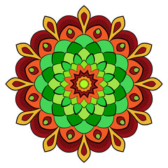 Colored mandala for color book. Symmetrical pattern in the circle.  Illustration for the album. Pattern for printing on fabrics. Figure for relaxation and meditation.