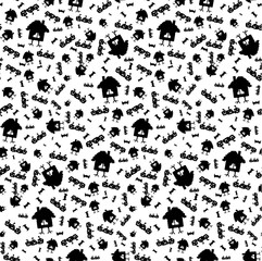 Pattern on the theme of Halloween with pumpkins and a house on chicken legs in black and white. A seamless pattern for Halloween with pumpkins, flying mice and a house on chicken legs.