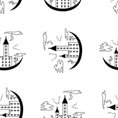 Pattern on a theme of halloween with the lock from contours and trees. Black white pattern with a lock, bats, trees, windows and clouds from contours and simple figures