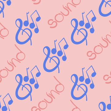 Seamless pattern on a musical theme with violin key and notes drawn by hand.