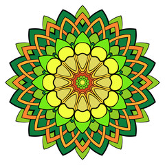 Colored mandala for color book. Symmetrical pattern in the circle.  Illustration for the album. Pattern for printing on fabrics. Figure for relaxation and meditation.