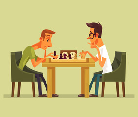 Two thinking smart players man characters playing chess. Strategy game checkmate isolated cartoon vector illustration element