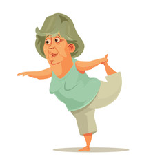 Happy smiling old woman grandma doing yoga sport activity. Active healthy lifestyle retirement cartoon flat isolated illustration