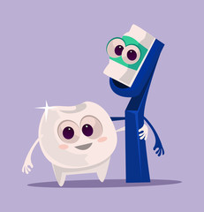 Happy smiling toothbrush and toothpaste characters hugging best friends. Oral dental hygiene tooth medical cartoon flat isolated illustration