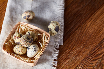 Quail eggs in the container over rustic wooden table, close-up, high angle view, selective focus.