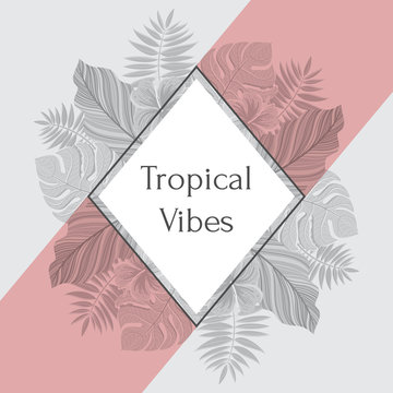 Vintage tropical label with palm leaves. For invitation, greeting card, poster, package and more. Vector illustration.