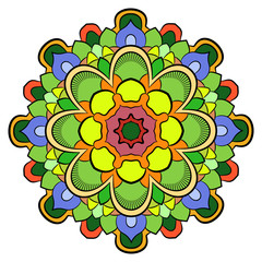 Colored mandala for color book. Symmetrical pattern in the circle.  Illustration for the album. Pattern for printing on fabrics. Figure for relaxation and meditation.