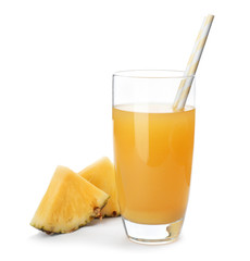 Glass with delicious pineapple juice on white background