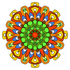 Colored mandala for color book. Symmetrical pattern in the circle.  Illustration for the album. Pattern for printing on fabrics. Figure for relaxation and meditation.