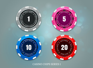 casino coins chips set on bokeh background