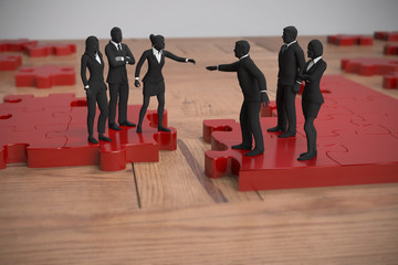 Merger of two teams of miniature people on a jigsaw puzzle as 3d rendering.