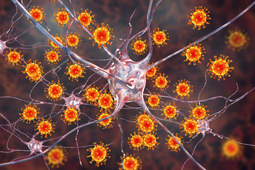 Viruses infecting neurons, concept for brain infection, 3D illustration
