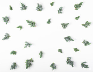 Frame made of juniper branches isolated on white background. Top view with copy space. Flat lay....
