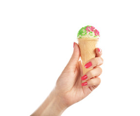 Woman holding yummy ice cream on white background. Focus on hand