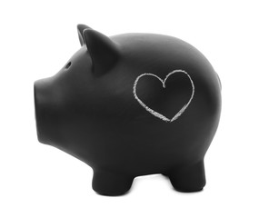 Black piggy bank with heart on white background