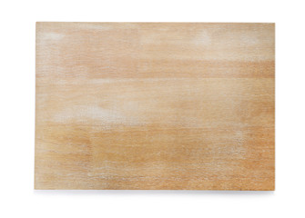 Wooden board on white background, top view. Kitchen accessory