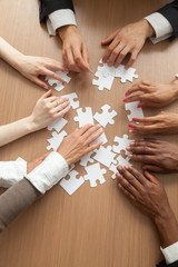 Multiracial team assembling puzzle together, hands of diverse people connecting pieces engaging in finding solutions, teambuilding and teamwork concept, business help support, close up vertical view - obrazy, fototapety, plakaty