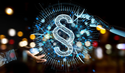 White robot hand using law paragraph digital hologram 3D rendering