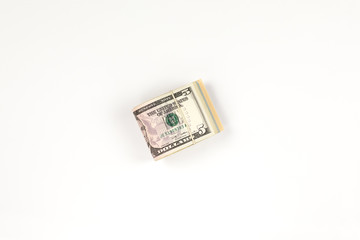 Stack of USA 5 dollars isolated on white background.