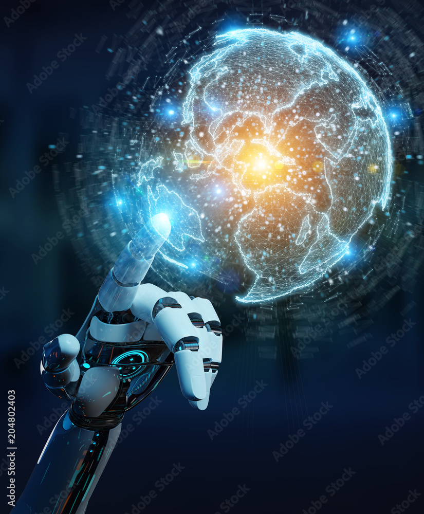 Poster white robot hand using globe network hologram with america usa map 3d rendering