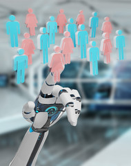 White cyborg hand controlling group of people 3D rendering