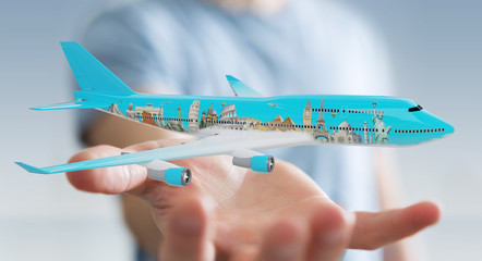 Businessman with plane and famous landmarks of the world 3D rendering