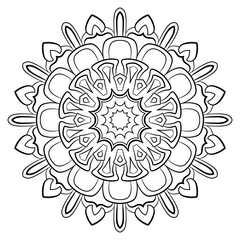 Contour mandala for color book. Monochrome illustration. Symmetrical pattern in a circle. A beautiful image for scrapbook. The template for printing on fabric. Picture for meditation and relaxation.