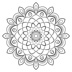 Contour mandala for color book. Monochrome illustration. Symmetrical pattern in a circle. A beautiful image for scrapbook. The template for printing on fabric. Picture for meditation and relaxation.