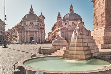 People's Square (Piazza del Popolo), view Lions Fountain Foreground, Basilica of Santa Maria in Montesanto and Church of Santa Maria dei Miracoli in the background