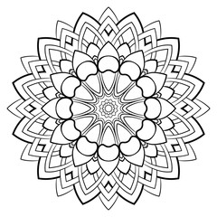 Contour mandala for color book. Monochrome illustration. Symmetrical pattern in a circle. A beautiful image for scrapbook. The template for printing on fabric. Picture for meditation and relaxation.