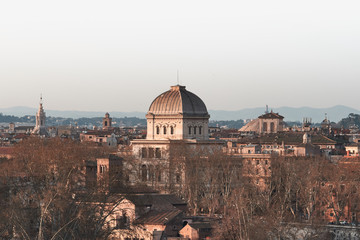 View of Rome roofs: jewish synagogue, Spire of Saint Ivo alla Sapienza, Towerbell of Saint Augustine Church.