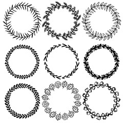 Wreaths hand drawn vector collection. Set of round doodle frames isolated on white background.