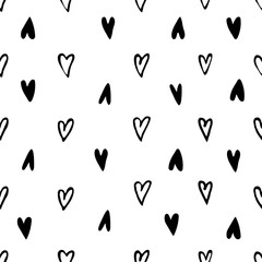 Monochrome hearts signs seamless pattern. Hand drawn love symbols on white background. Cute pattern for your design.