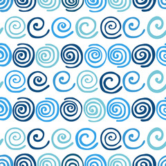 Blue summer waves seamless pattern. Sea water whirls on white background. Cute doodle pattern for your design.