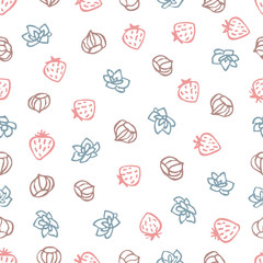 Strawberries, nuts and succulents signs seamless pattern. Hand drawn doodle symbols on white background. Cute food pattern for your design.