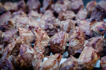 Grilled shish kebab or shashlik pork on skewers closeup.