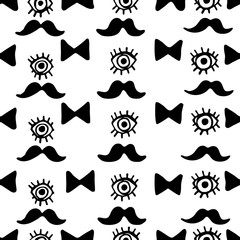 Fototapeta premium Monochrome gentleman signs seamless pattern. Hand drawn mustaches, eye and bow tie on white background. Funky male hipster pattern for your design.