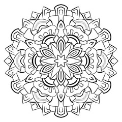 Contour mandala for color book. Monochrome illustration. Symmetrical pattern in a circle. A beautiful image for scrapbook. The template for printing on fabric. Picture for meditation and relaxation.