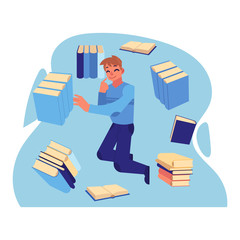 Young cheerful man in casual clothing flying in blue cloud with a lot of books, papers and documents. Accessibility of information concept. Male happy man reading and studying. Vector illustration
