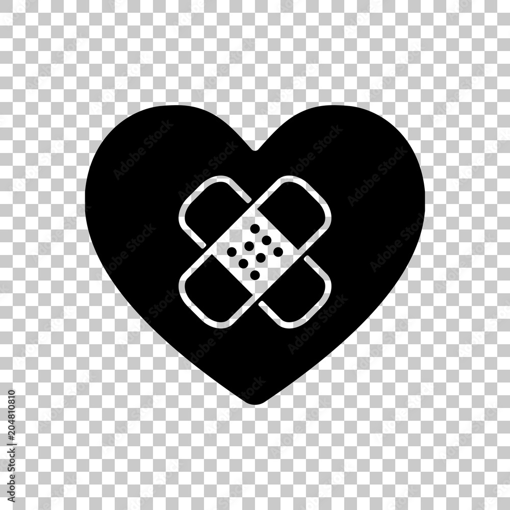 Poster broken heart with patch. simple single icon. on transparent background.