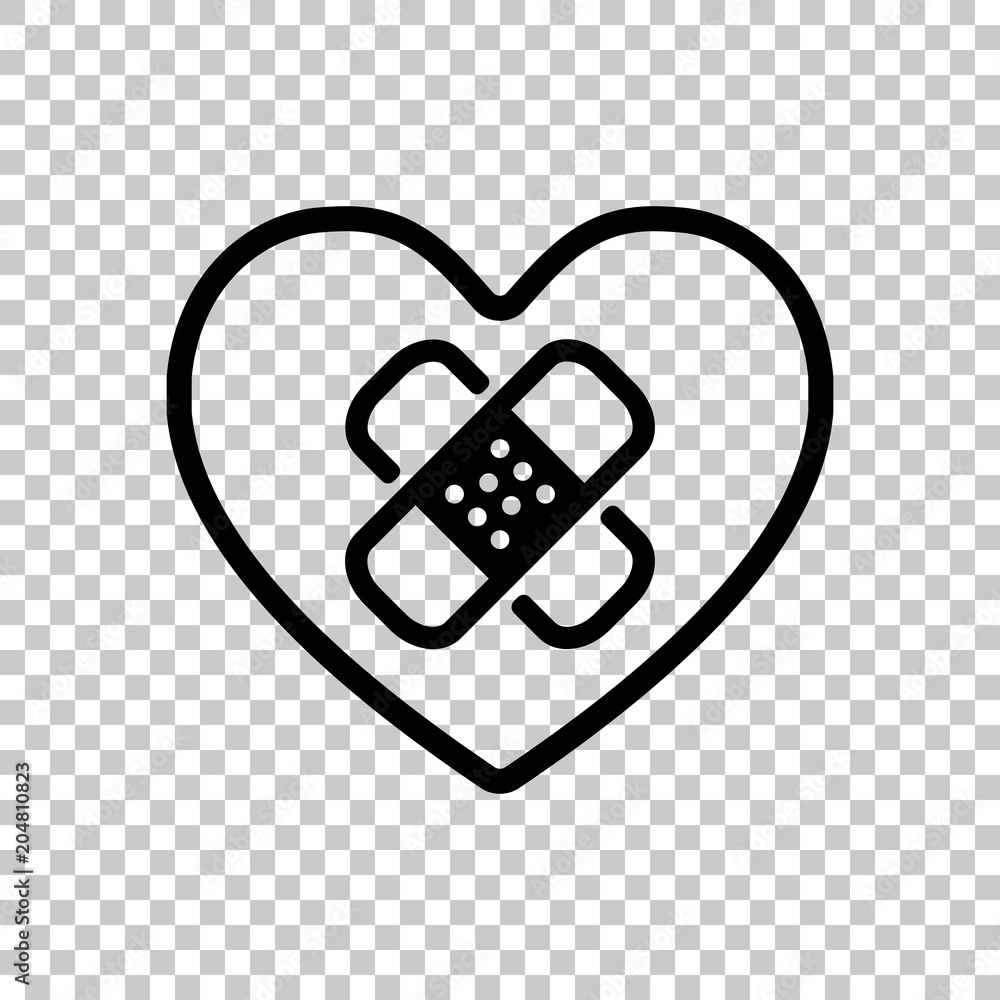 Poster broken heart with patch. linear symbol with thin outline. simple single icon. on transparent backgro