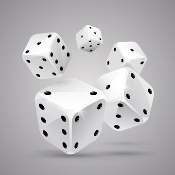 Five falling white game dices on grey background. Casino gambling. Pocker. Jpg include isolated path