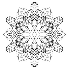 Contour mandala for color book. Monochrome illustration. Symmetrical pattern in a circle. A beautiful image for scrapbook. The template for printing on fabric. Picture for meditation and relaxation.