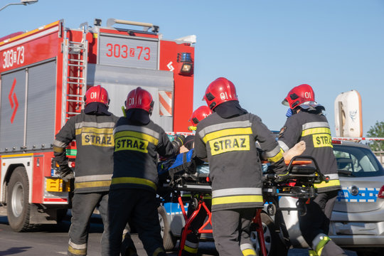 Szczecin, Poland-May 13, 2018: police, fire brigade and medical services during a rescue operation after drowning in a river