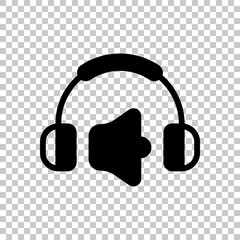 Headphones and volume level. Max volume level. Simple icon. On transparent background.