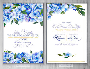 Set of templates for greetings or invitations to the wedding.  Illustration by markers, beautiful composition of hydrangea and leaves. Imitation of watercolor drawing. © inna72